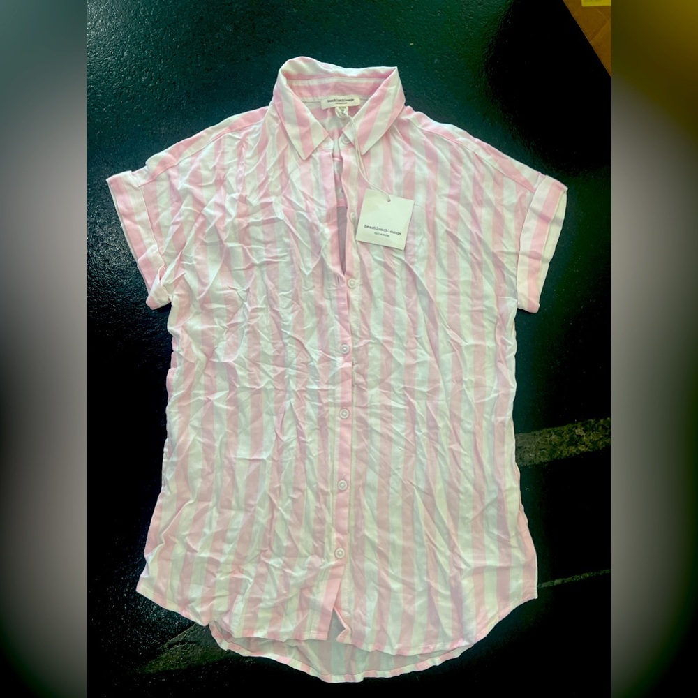 NWT Beach Lunch Lounge Women's Pink White Stripe Short Sleeve Button XS